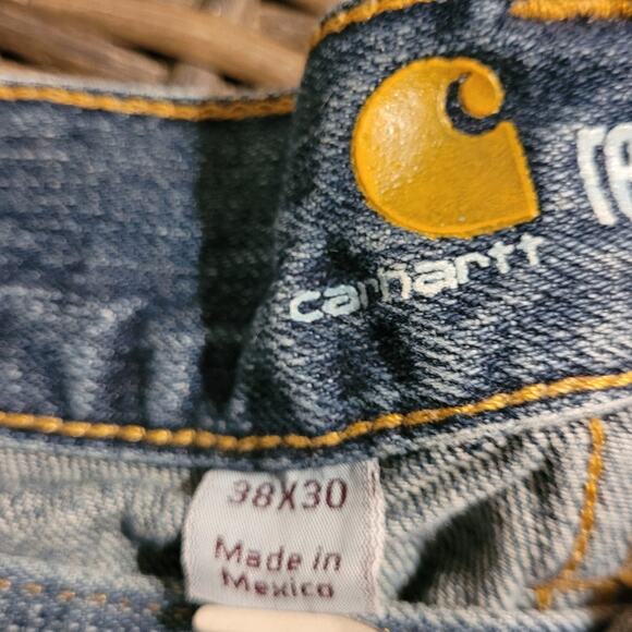 Carhartt Men Relaxed Straight Jeans 38x30 Blue Denim Distressed Workwear Utility - Picture 5 of 12